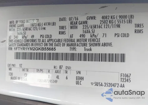 2016 Ford Transit-250 from USA, damaged, VIN 1FTYR1YM2GKB55685